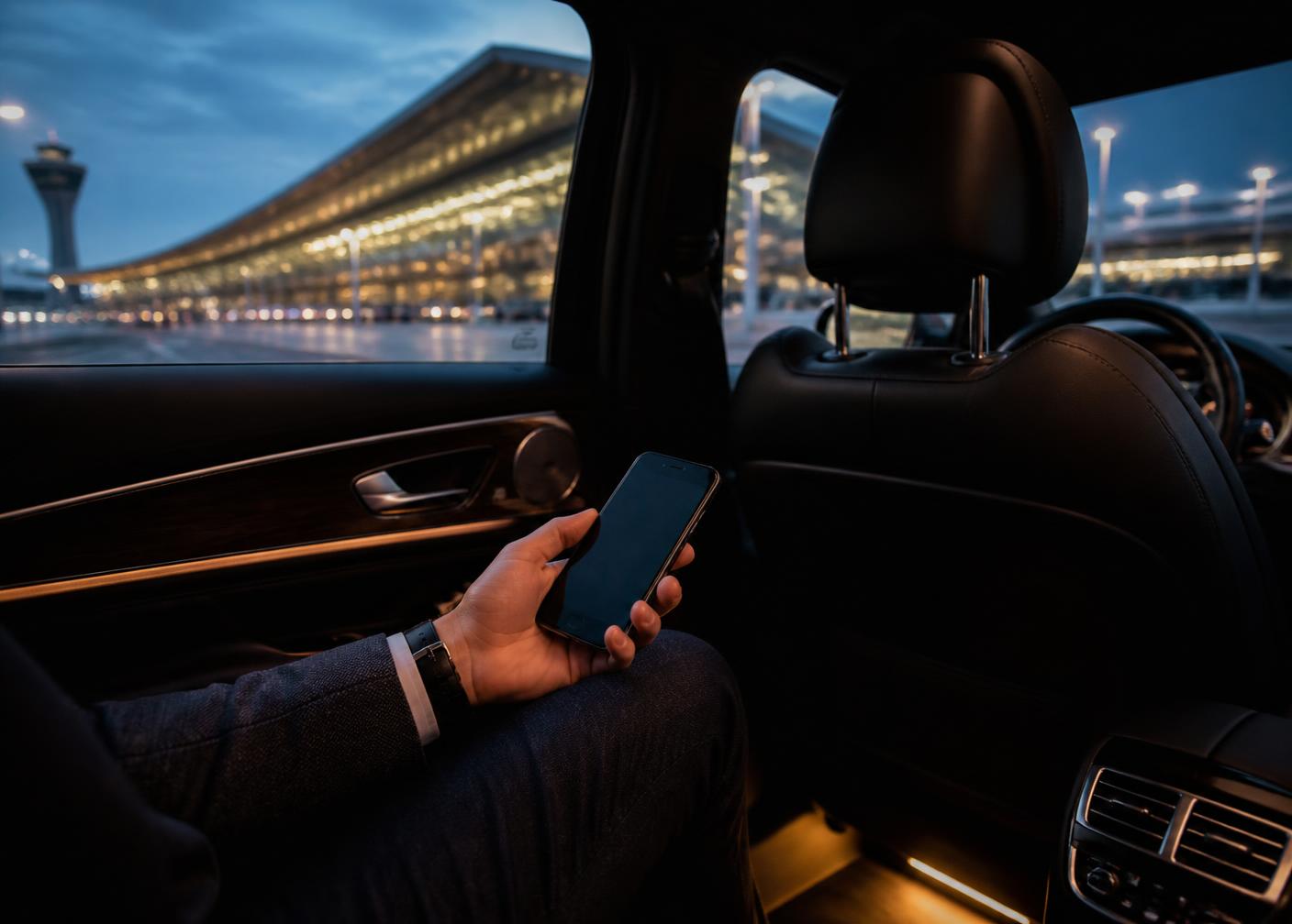 Passenger in the rear seat of an executive black car arriving at an airport